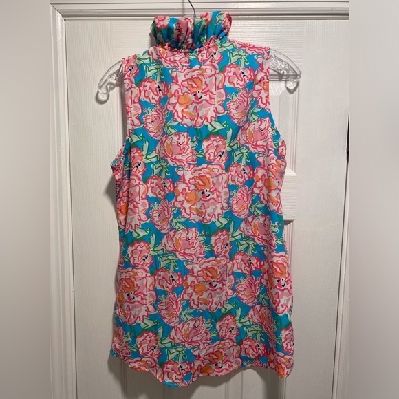 Mudpie ruffled neck sleeveless top bright floral pattern Small - Picture 3 of 4